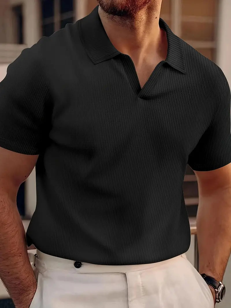 Polo Homme En Maille Côtelée À Manches Courtes Avec Col V Confortable Et Élégant Pour Le Quotidien