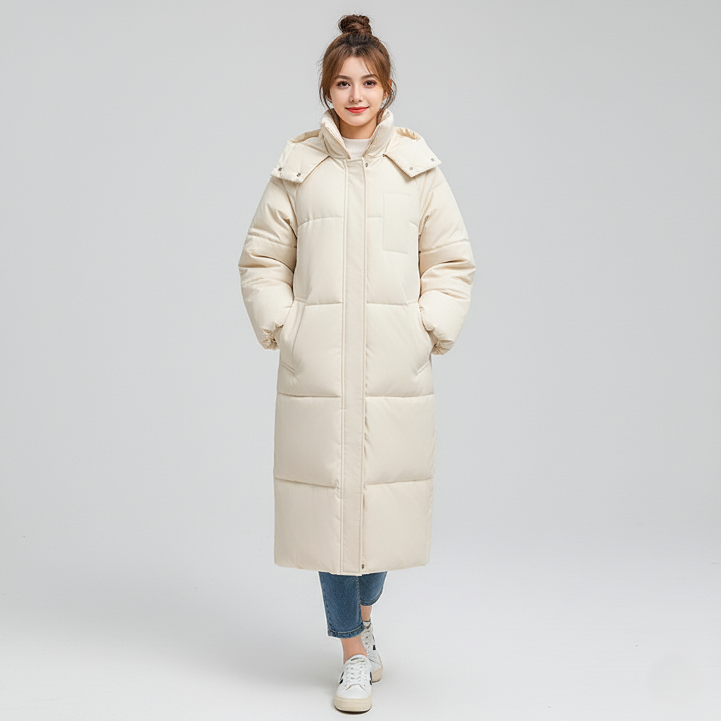 Trench Puffer Long Pour Femme Coupe Oversize Matelassé Isolant Capuche Col Haut Manteau Nordisk Flair