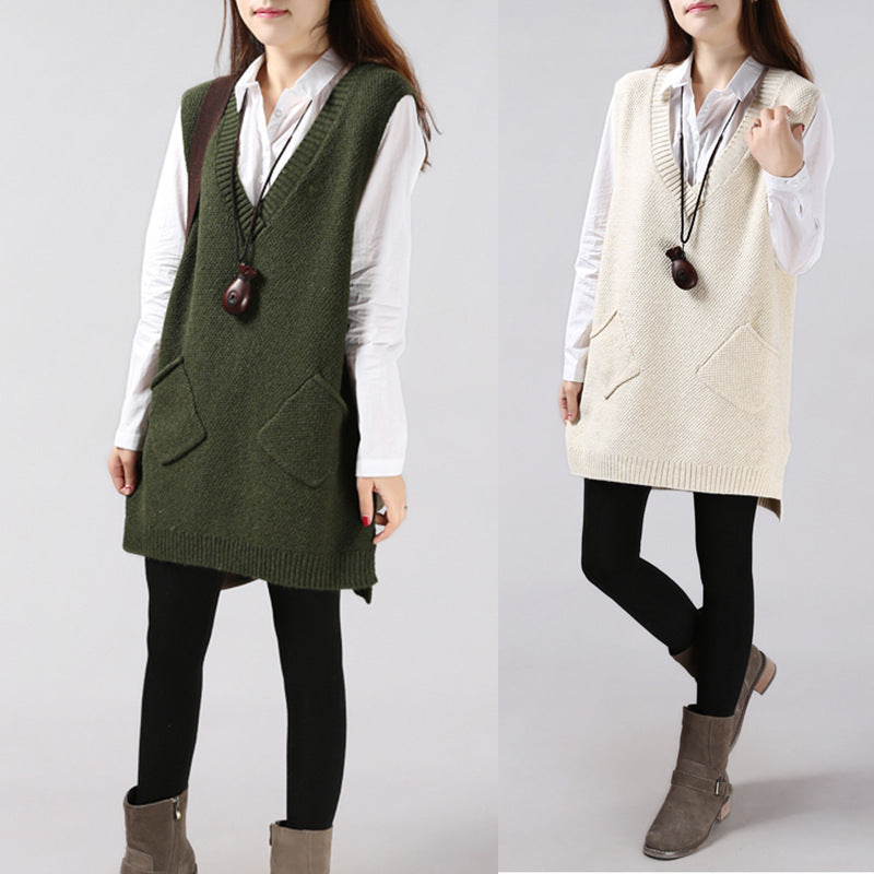 Damen Strickweste mit V-Ausschnitt und aufgesetzten Taschen Amawinc