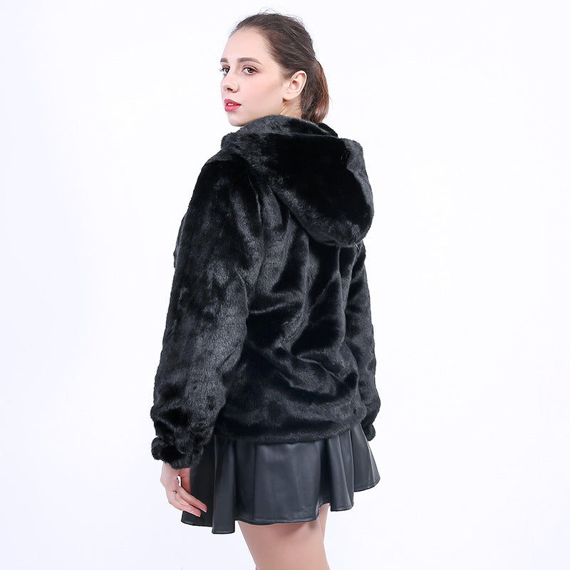 Damen Flauschige Kunstpelzjacke mit Kapuze Amawinc