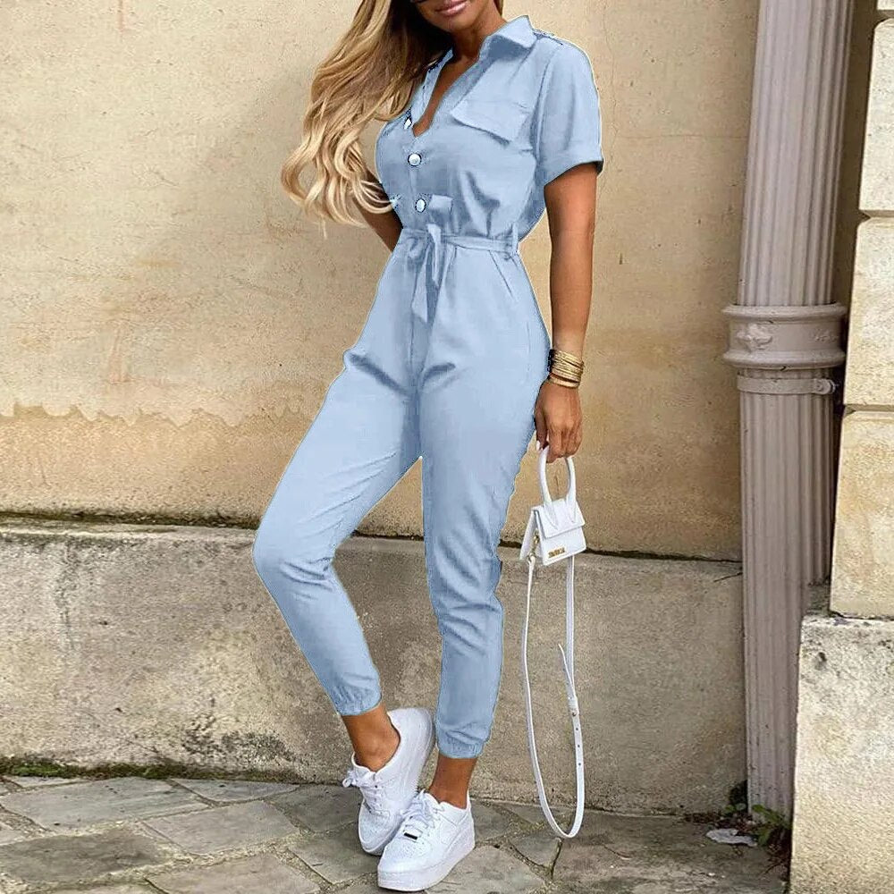 Combinaison Femme Style Utilitaire Bouton Fermeture Ceinture Taille Manches Courtes Pour Printemps Et Été
