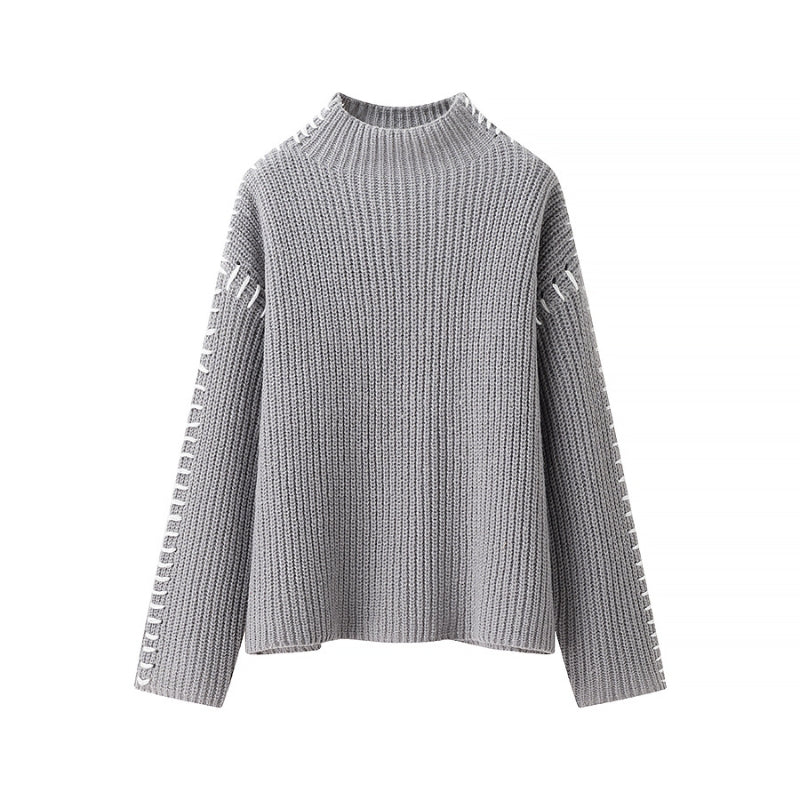 Pull En Maille Carmine Col Montant Confort Décontracté Avec Couture Contrastée Sur Les Manches