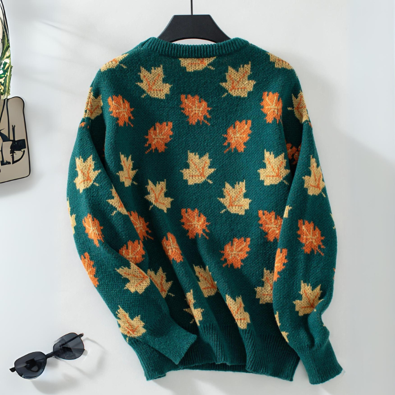 Pull En Maille Automne Doux Avec Jacquard Feuille D'Érable Tonal Col Rond Poignets Et Ourlet Côtelés