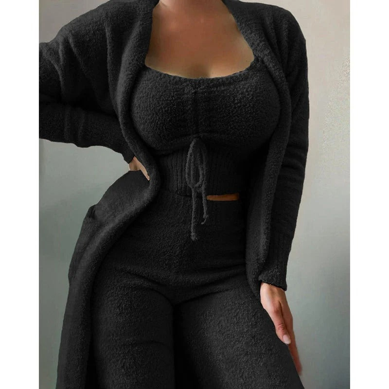 Damen Pyjama Carlotta: Bequemer 3-teiliger Fleece-Baumwoll Schlafanzug