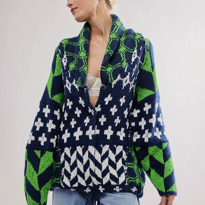 Cardigan Tricoté Oversize Avec Motif Géométrique Tissé Dense Et Chaud Pour Un Style Confortable