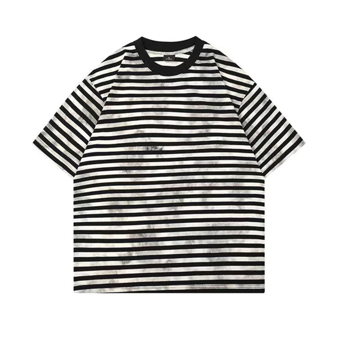 T Shirt Coton Rayé Effet Décoloré Trail Grunge Coupe Classique Léger Avec Texture Délavée