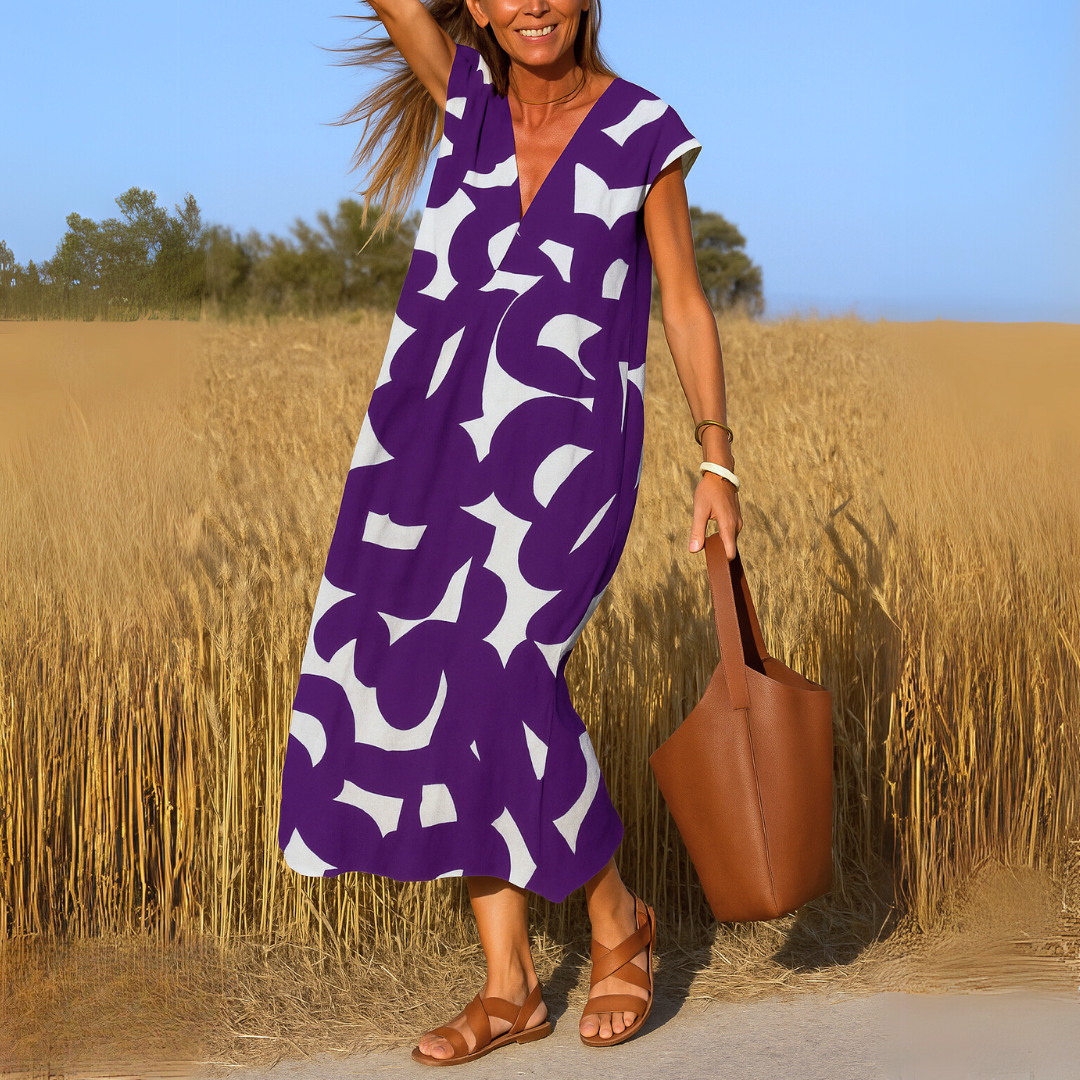 Robe Midi Col V Amawinc Imprimé Abstrait Respirante Et Structurée Pour Printemps Été