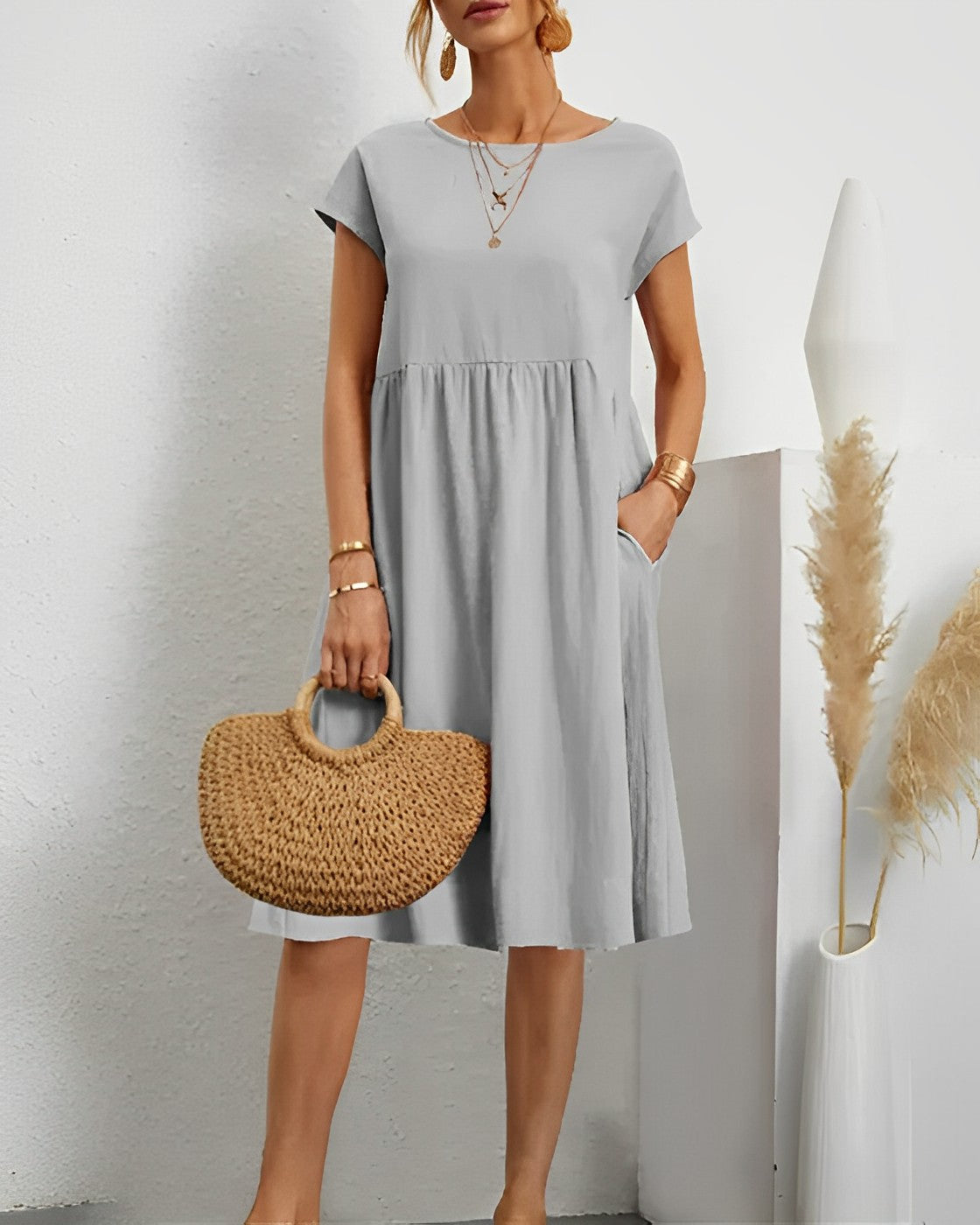 Robe Midi Femme Décontractée Avec Manches Courtes Encolure Ronde Et Poches Pratiques Amawinc