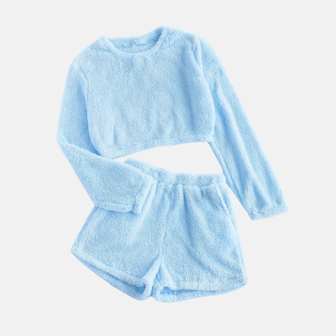 Ensemble Deux Pièces Loungewear Peluche Texturée Avec Top Manches Longues Coupé Court Et Shorts Taille Haute