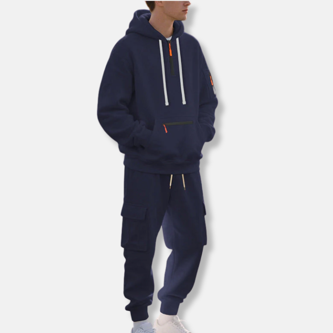 Ensemble Survêtement Homme Coupe Décontractée Sweat À Capuche Demi Zip Et Pantalon Cargo À Taille Cordon Idéal Quotidien