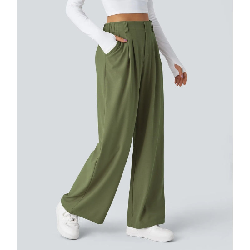 Nomi Pantalon Femme Taille Haute En Maille Gaufre Extensible Coupe Large Drapé Doux Confortable