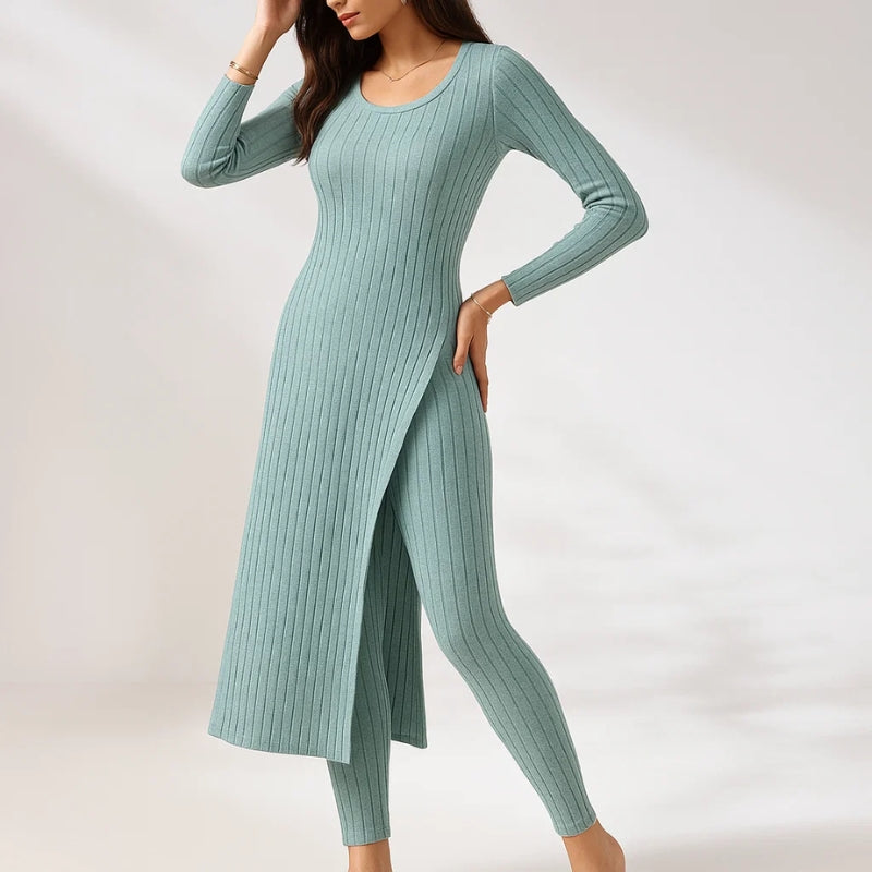 Ensemble Deux Pièces Norra Haut À Ourlet Fendu En Maille Côtelée Avec Pantalon Coordonné Confort Doux Respirant