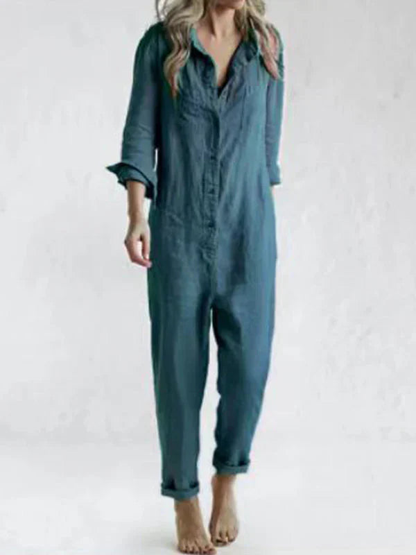 Combinaison Femme En Coton Lin Coupe Ample Manches Longues Fermeture Par Boutons Confort Et Style