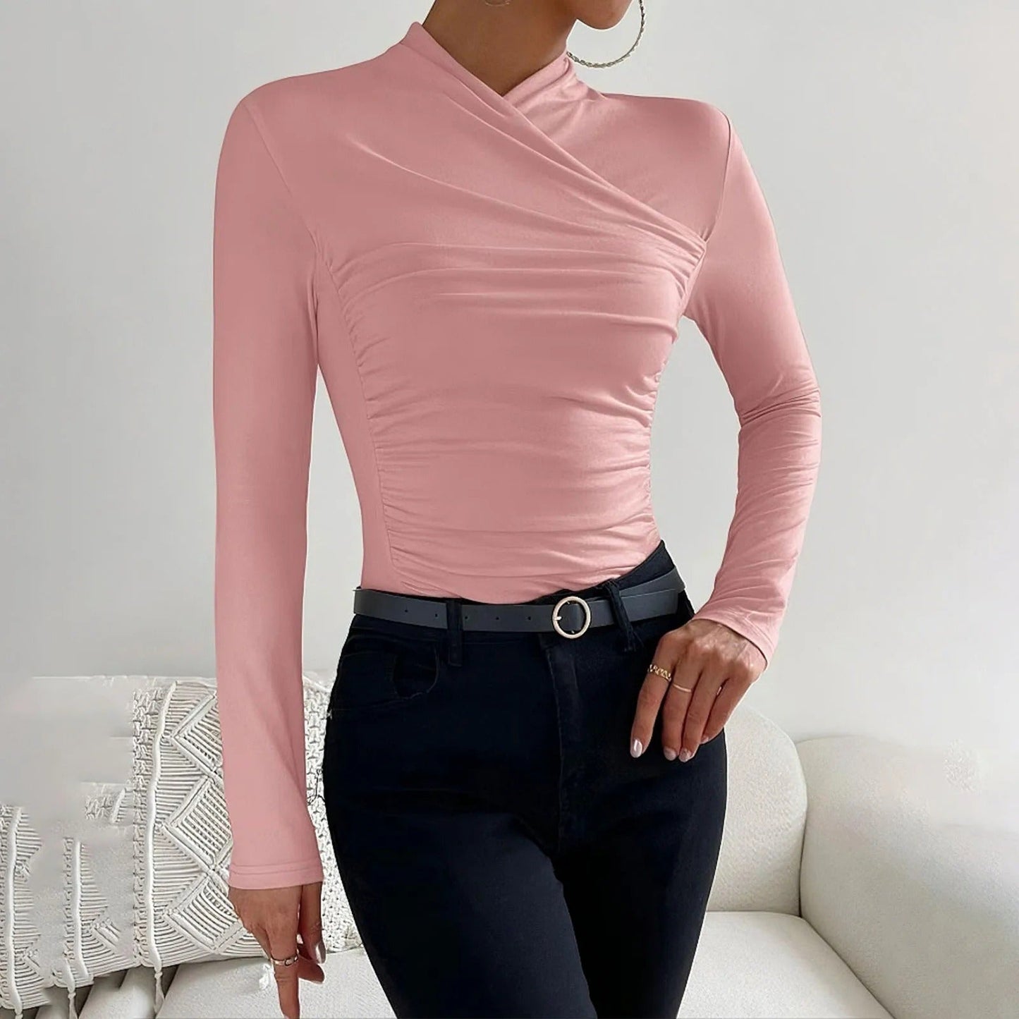Blouse Cache Coeur Femme Nordique Manches Longues Col Haut Asymétrique Coupe Élégante Slim