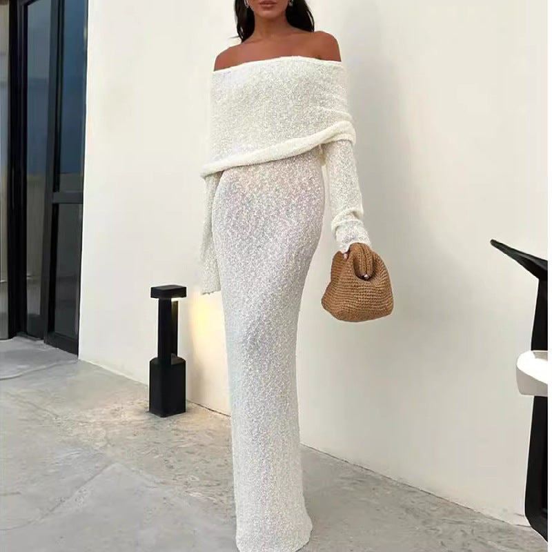 Fudus Langarm-Strickkleid im französischen Stil, einseitig, für Party und Strand geeignet