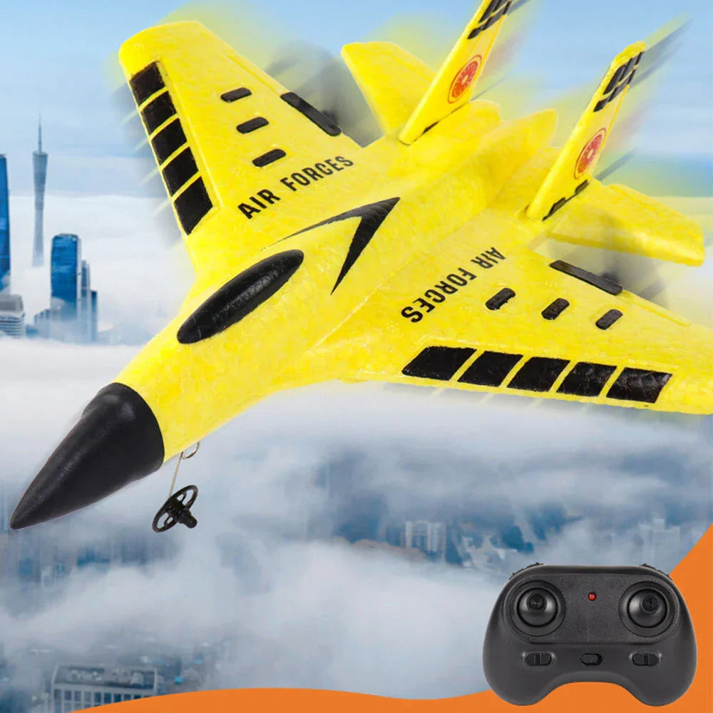 Avion de chasse RC RTF en mousse EPP avec gyroscope intégré et éclairage LED pour débutants - Jaune - Amawinc