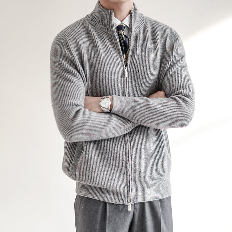 Amawinc Cardigan Homme Slim Fit En Mélange De Laine Fermeture Éclair Côtelé Col Haut