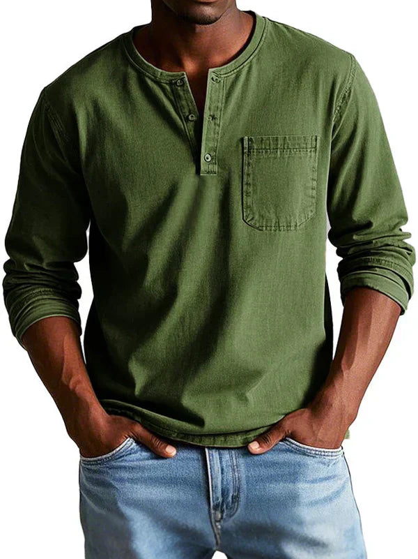 Chemise Henley Décontractée À Manches Longues Pour Homme Amawinc Indigo Classique Confort Quotidien