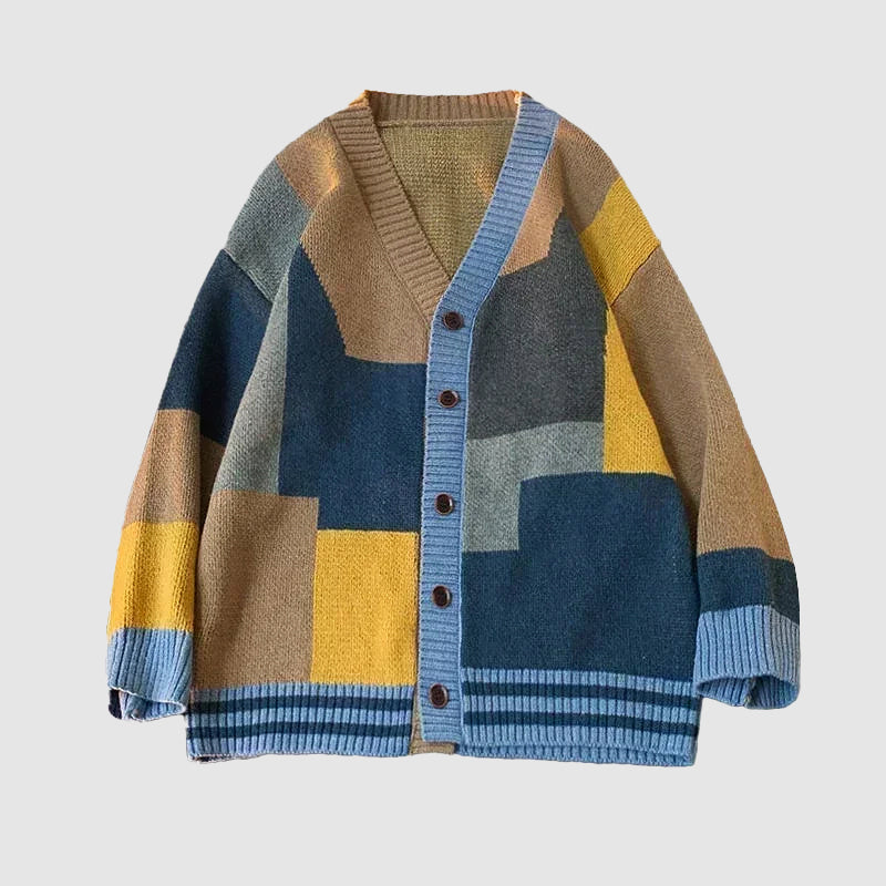 Cardigan Patchwork Années 90 Par Felix Grant Coupe Oversized Couleurs Contrastées