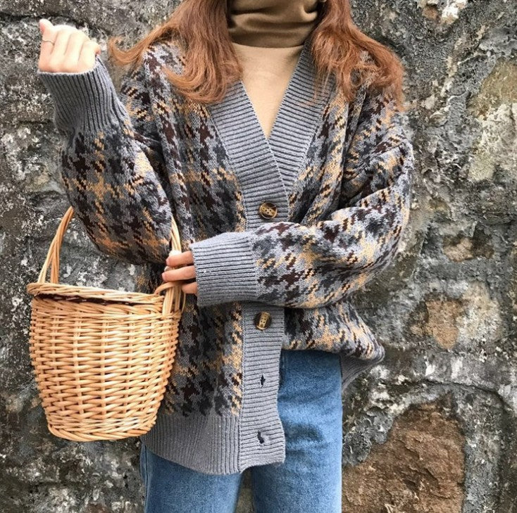 Damen Strickjacke mit modernem Hahnentrittmuster und knöpfbarem Design Amawinc