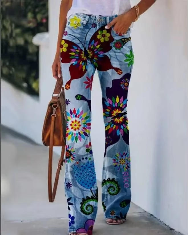 Jean Femme Floral Imprimé Rétro En Denim Confortable Coton Mélangé Pour Tous Les Jours