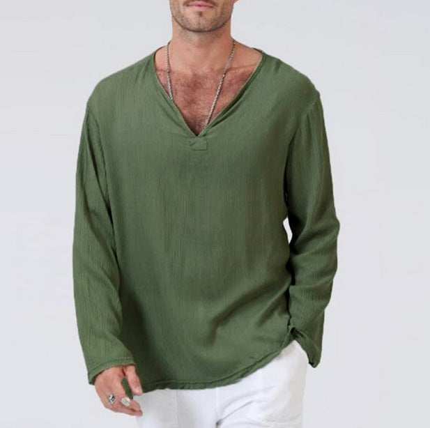 T Shirt Homme En Mélange Coton Lin Col V Manches Longues Coupe Décontractée Pour Tenue Quotidienne