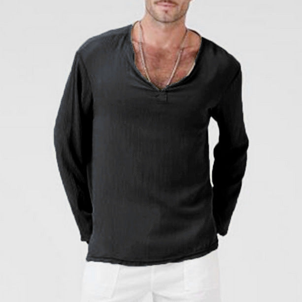 T Shirt Homme En Mélange Coton Lin Col V Manches Longues Coupe Décontractée Pour Tenue Quotidienne