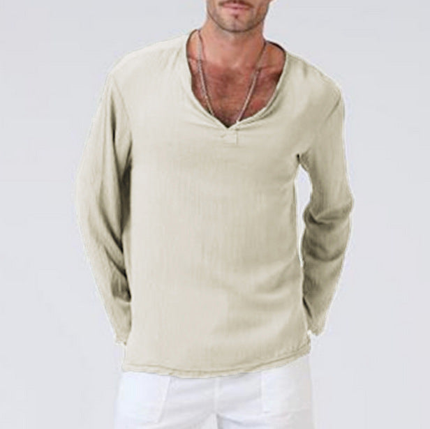T Shirt Homme En Mélange Coton Lin Col V Manches Longues Coupe Décontractée Pour Tenue Quotidienne