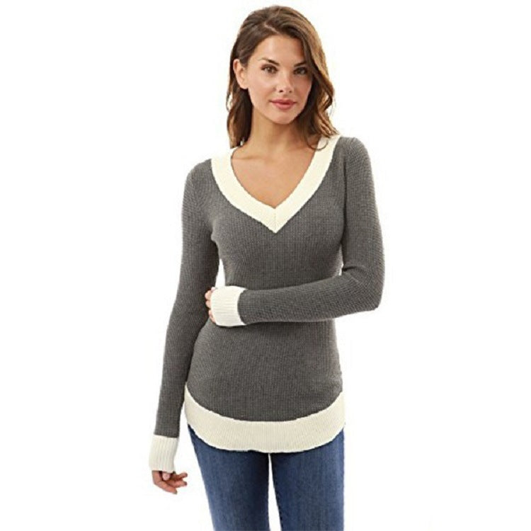 Damen V-Ausschnitt Pullover mit kontrastierenden Abschlüssen Amawinc