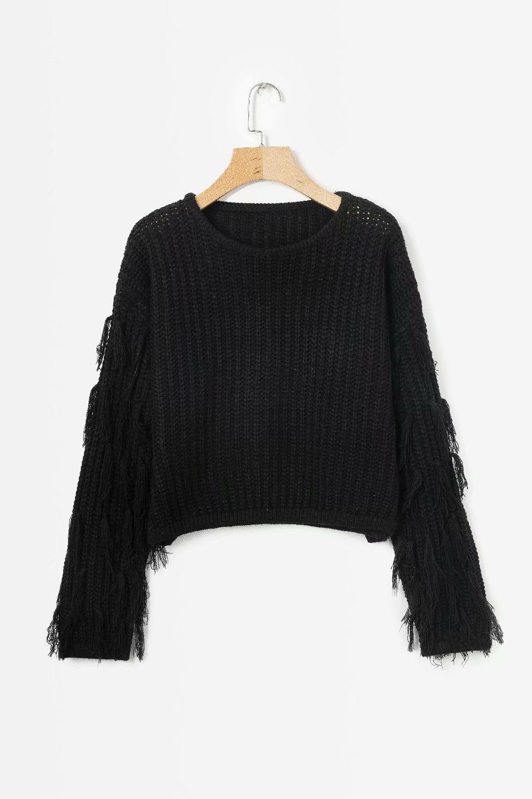 Damen trendiger Grobstrickpullover mit fransigen Ärmeln Amawinc