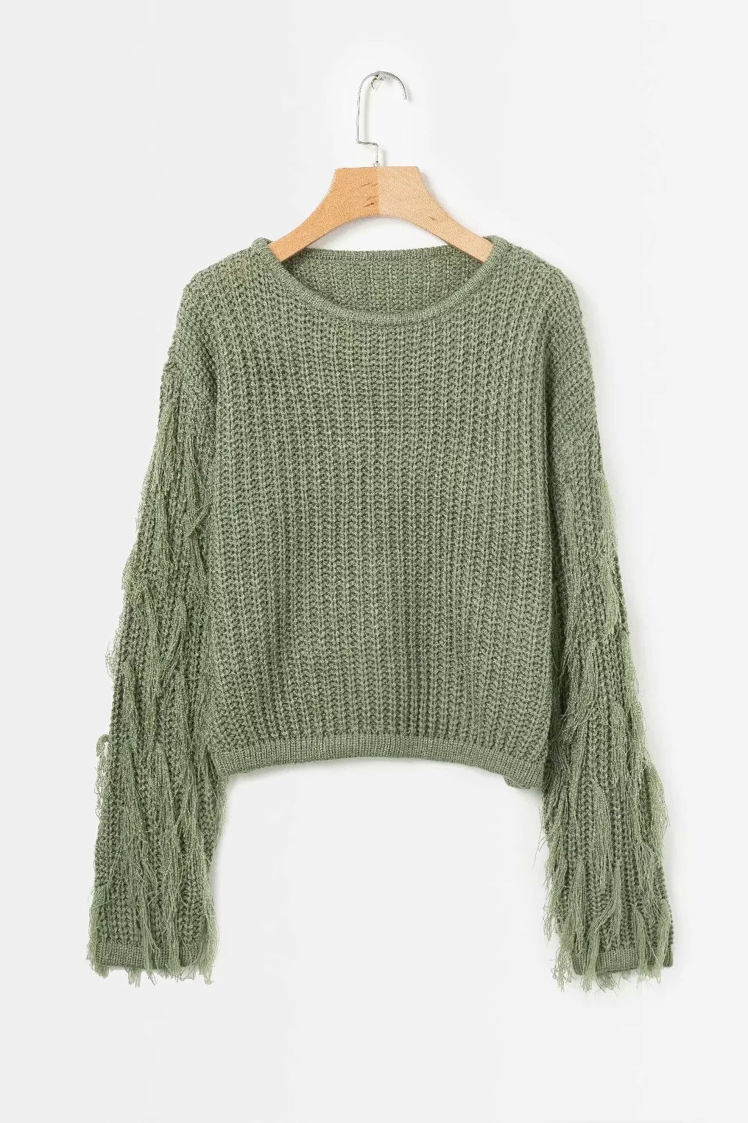 Damen trendiger Grobstrickpullover mit fransigen Ärmeln Amawinc