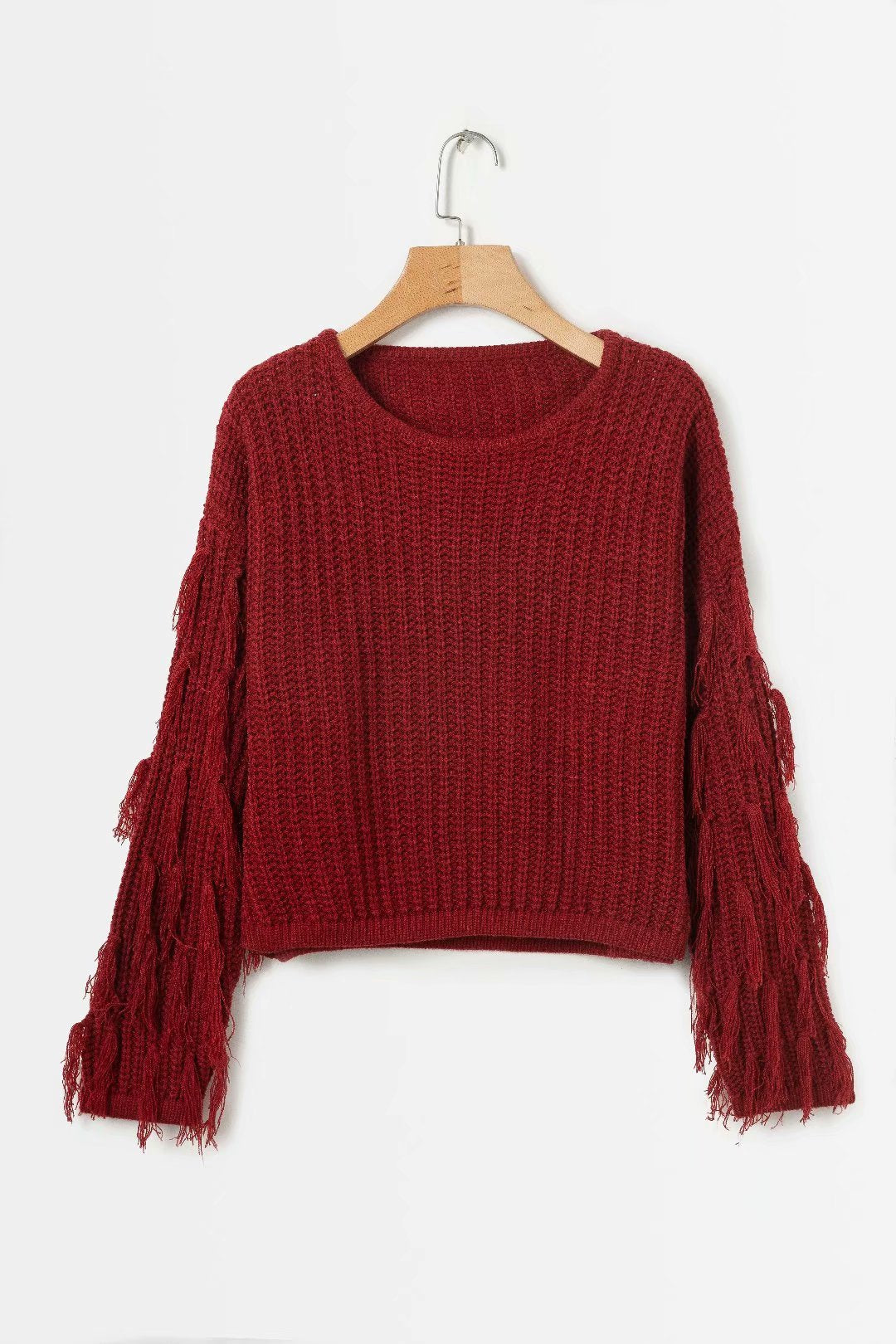 Damen trendiger Grobstrickpullover mit fransigen Ärmeln Amawinc