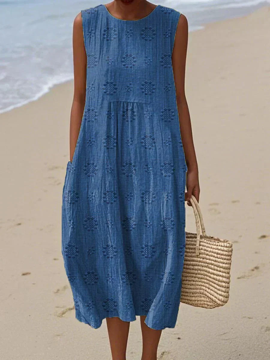 Robe Midi Texturée Olivia Sans Manches Avec Motifs Circulaires Subtils Pour Jours Ensoleillés Et Weekends