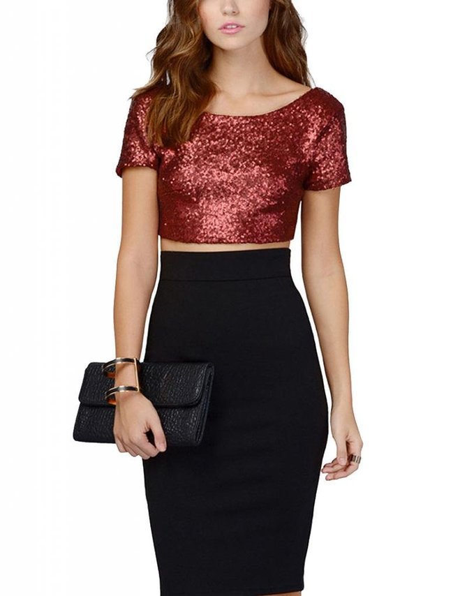 Damen Crop Top mit glamourösem Paillettenbesatz und skaterförmigem Rock Amawinc