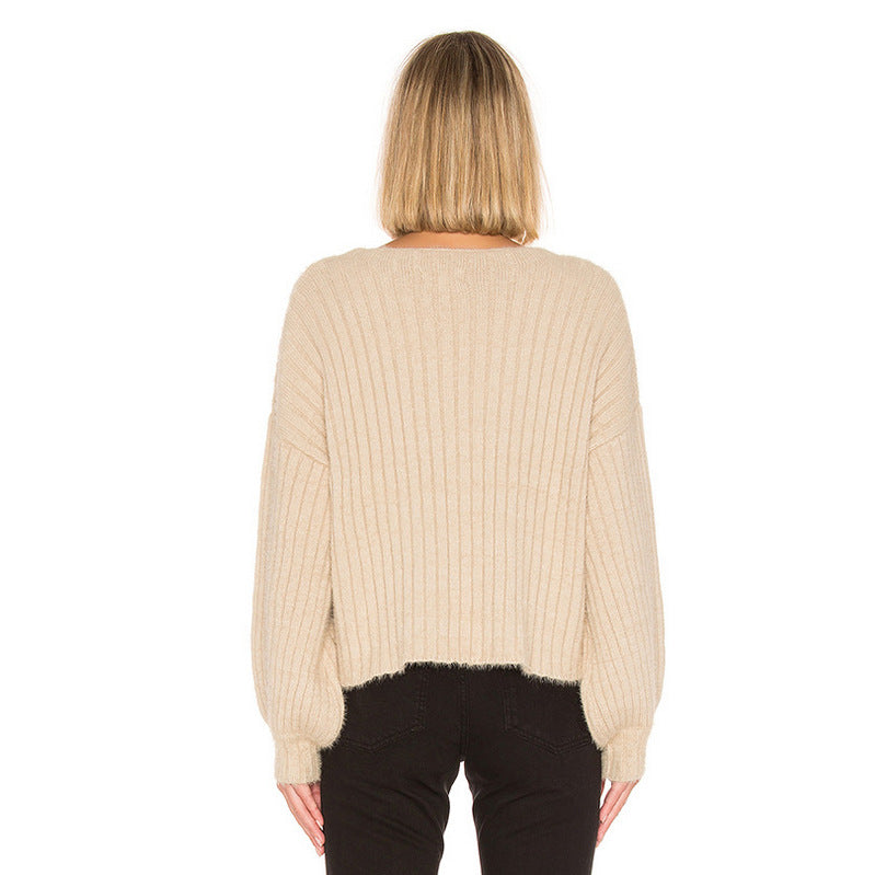 Damen modischer Strickpullover mit überschnittenen Ärmeln und feiner Rippstruktur Amawinc