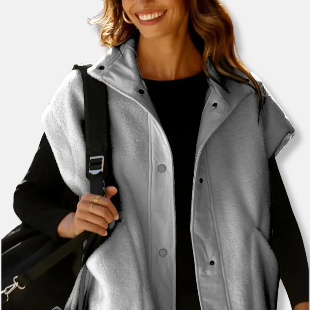 Gilet Femme En Polaire Peluche Coupe Décontractée Oversize Col Montant Fermeture Boutons Pression