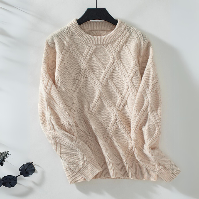Pull En Maille Diana Motif Diamant Col Rond Bordures Côtelées Confortable Doux Chaud Idéal Pour L Hiver