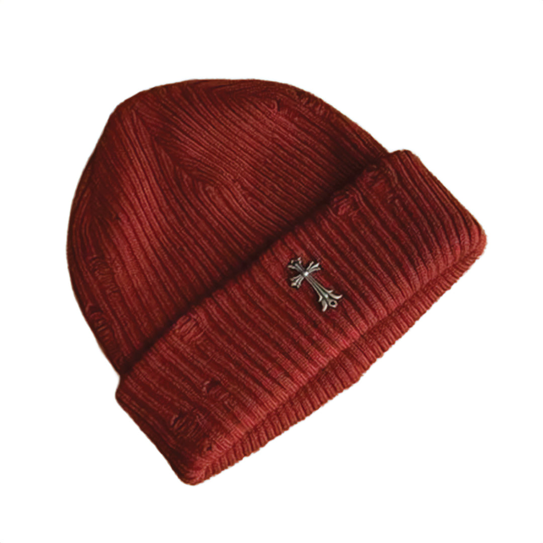 Bonnet Côtelé En Tricot Avec Croix Métal Distress Coton Polyester Pour Temps Froids Style Streetwear Confortable