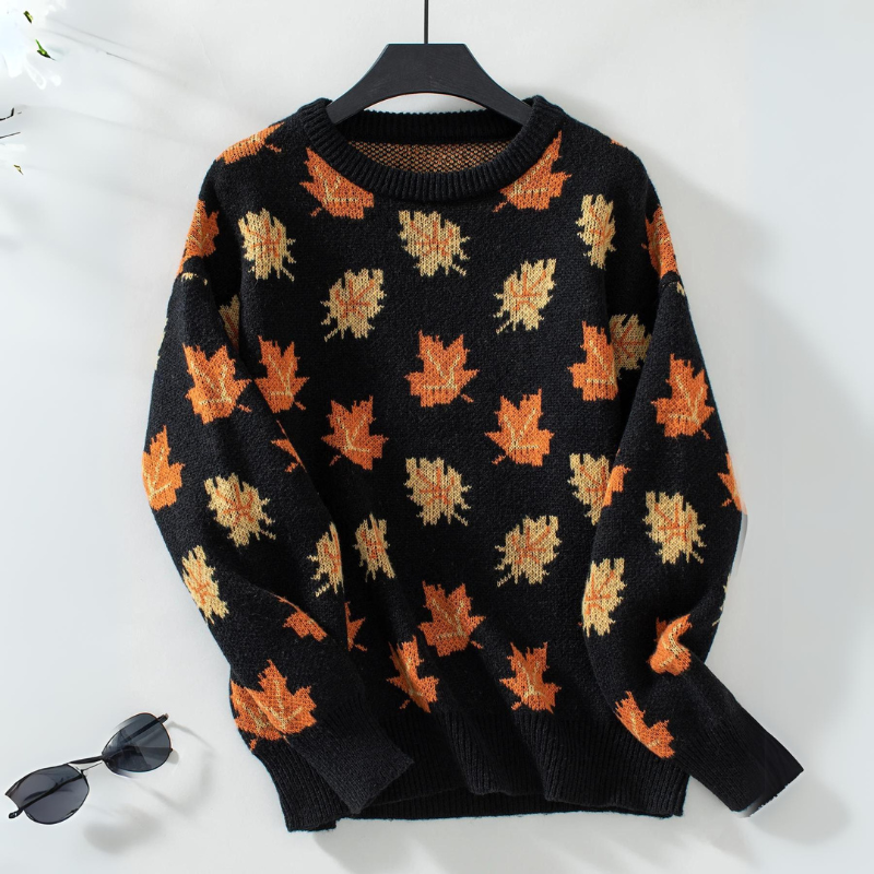 Pull En Maille Automne Doux Avec Jacquard Feuille D'Érable Tonal Col Rond Poignets Et Ourlet Côtelés