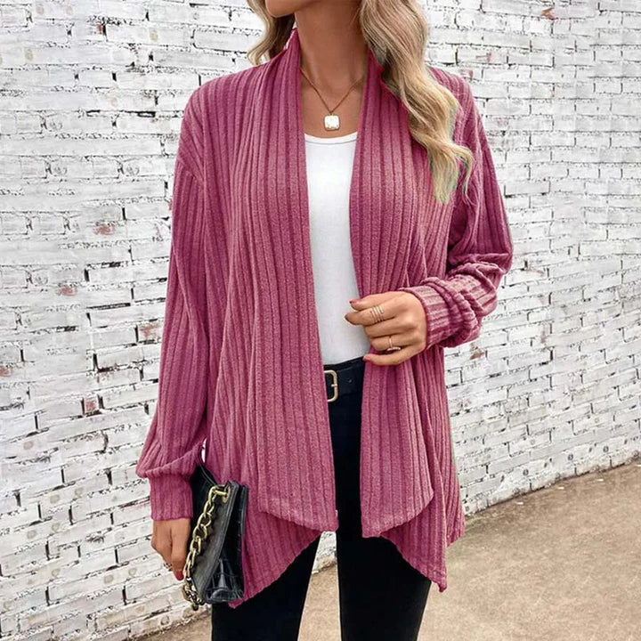 Cardigan Femme Décontracté En Maille Douce Avec Texture Côtlée Ouvert Devant Pour Toutes Saisons
