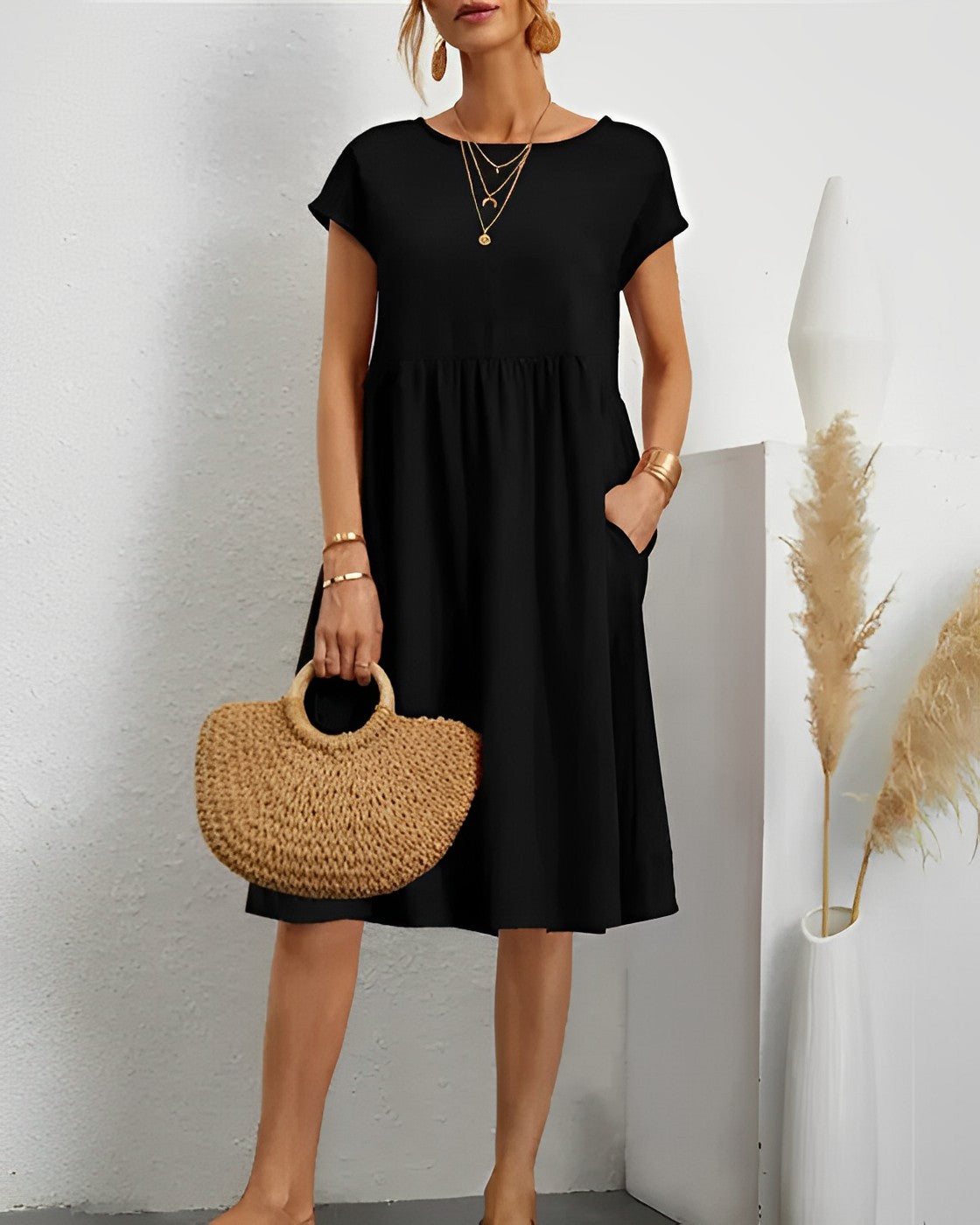 Robe Midi Femme Décontractée Avec Manches Courtes Encolure Ronde Et Poches Pratiques Amawinc