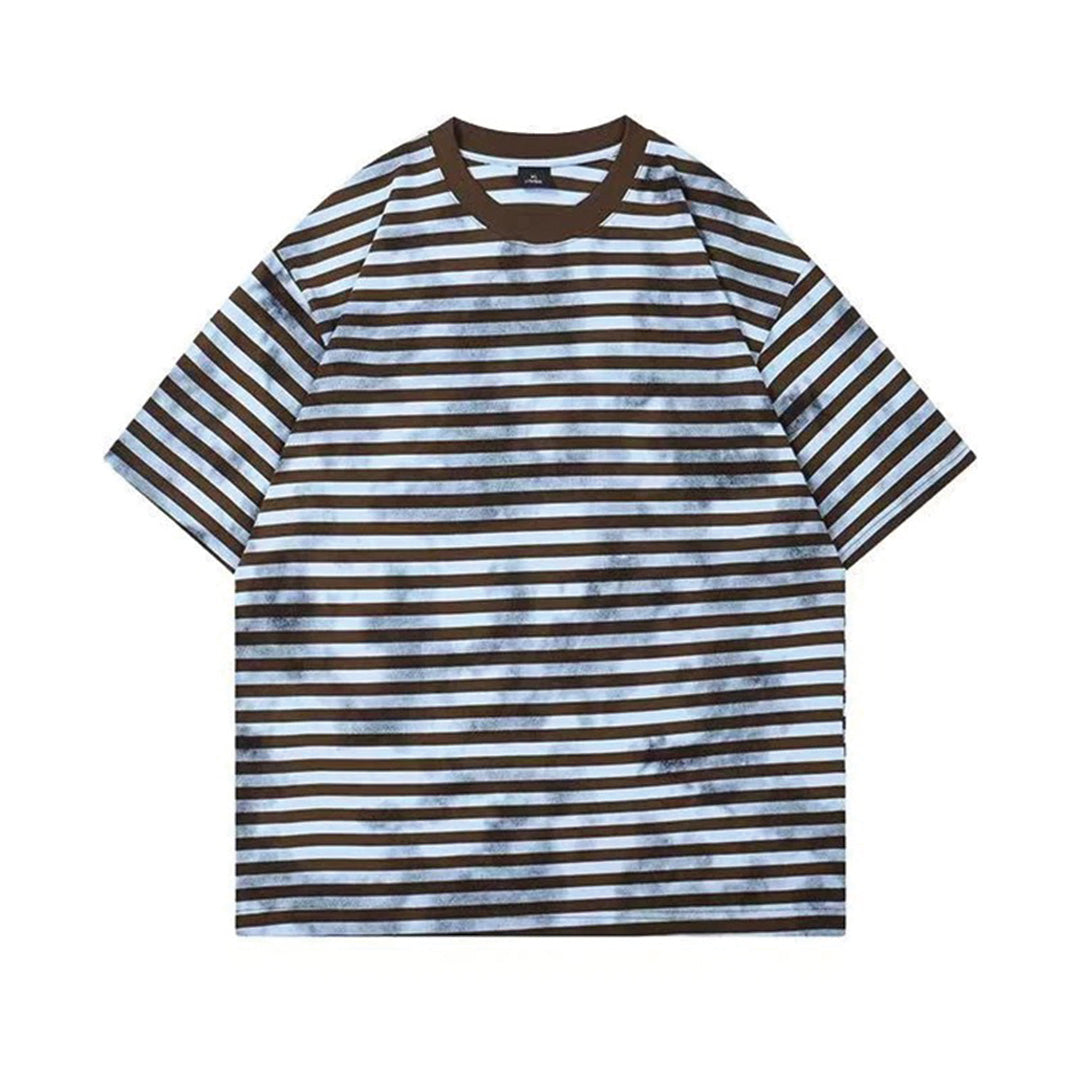 T Shirt Coton Rayé Effet Décoloré Trail Grunge Coupe Classique Léger Avec Texture Délavée