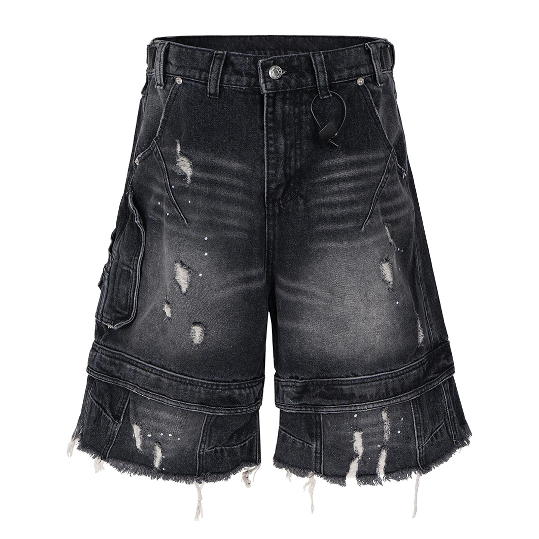 Shorts Denim Vintage Skid Row Mollet Avec Ourlets Déchirés Et Effet Usé Fermeture Éclair