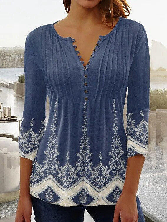 Blouse Judith À Encolure En V Bordée de Scallops et Plis Fluides Pour Tenues Chic Décontractées