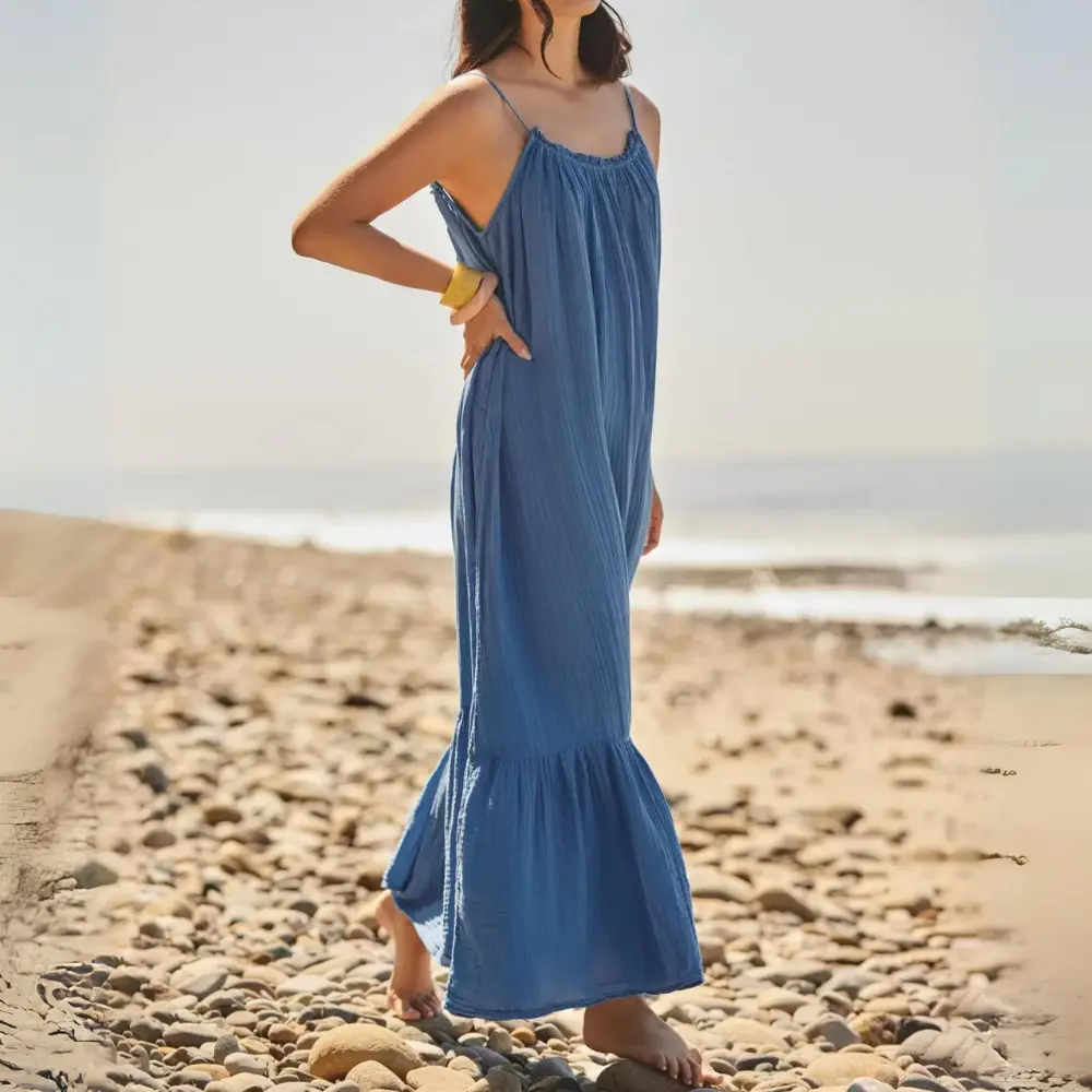 Robe Maxi En Mousseline De Coton Georgina Froncée Été Léger Et Confortable Amawinc