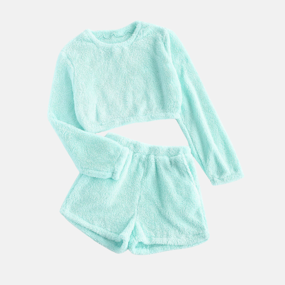 Ensemble Deux Pièces Loungewear Peluche Texturée Avec Top Manches Longues Coupé Court Et Shorts Taille Haute