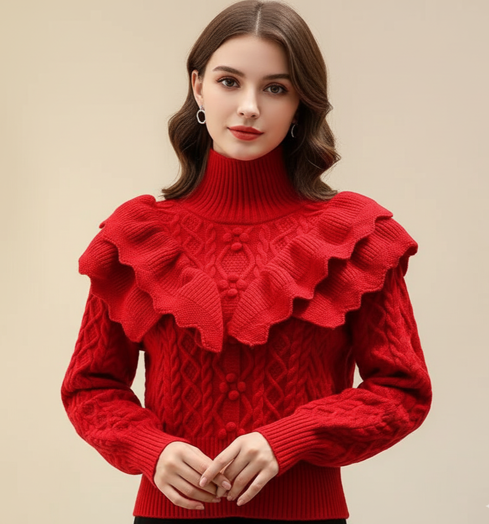 Pull Femme Amawinc à Épaules Volants en Maille Câblée Col Haut Chic Très Élégant Idéal Jour et Soir