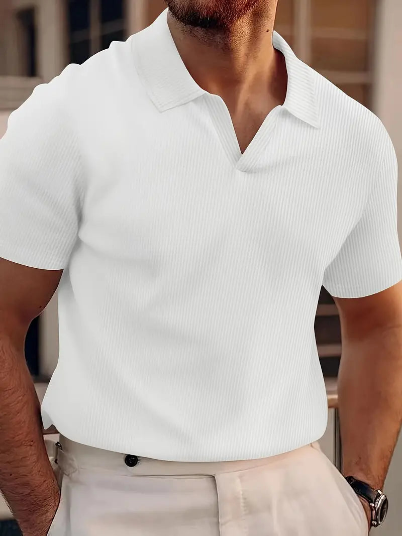 Polo Homme En Maille Côtelée À Manches Courtes Avec Col V Confortable Et Élégant Pour Le Quotidien