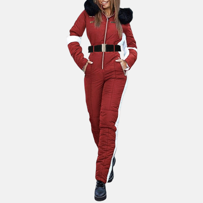 Combinaison De Ski Pour Femme Ceinturée Avec Capuche Pelucheuse Et Fermeture Éclair Pratique Poches