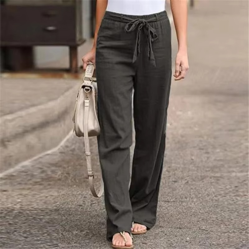 Pantalon Femme Large en Coton Lin à Taille Élastique Confortable Respirant avec Drapé Fluide